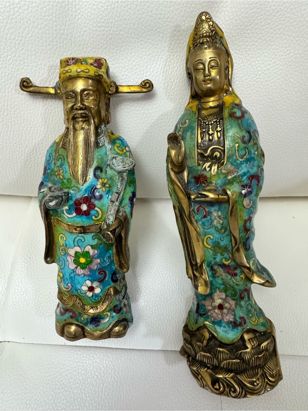 Pair Chinese Cloisonne Gilt Bronze Guanyin & Deity Figures 11” 9” Marked
